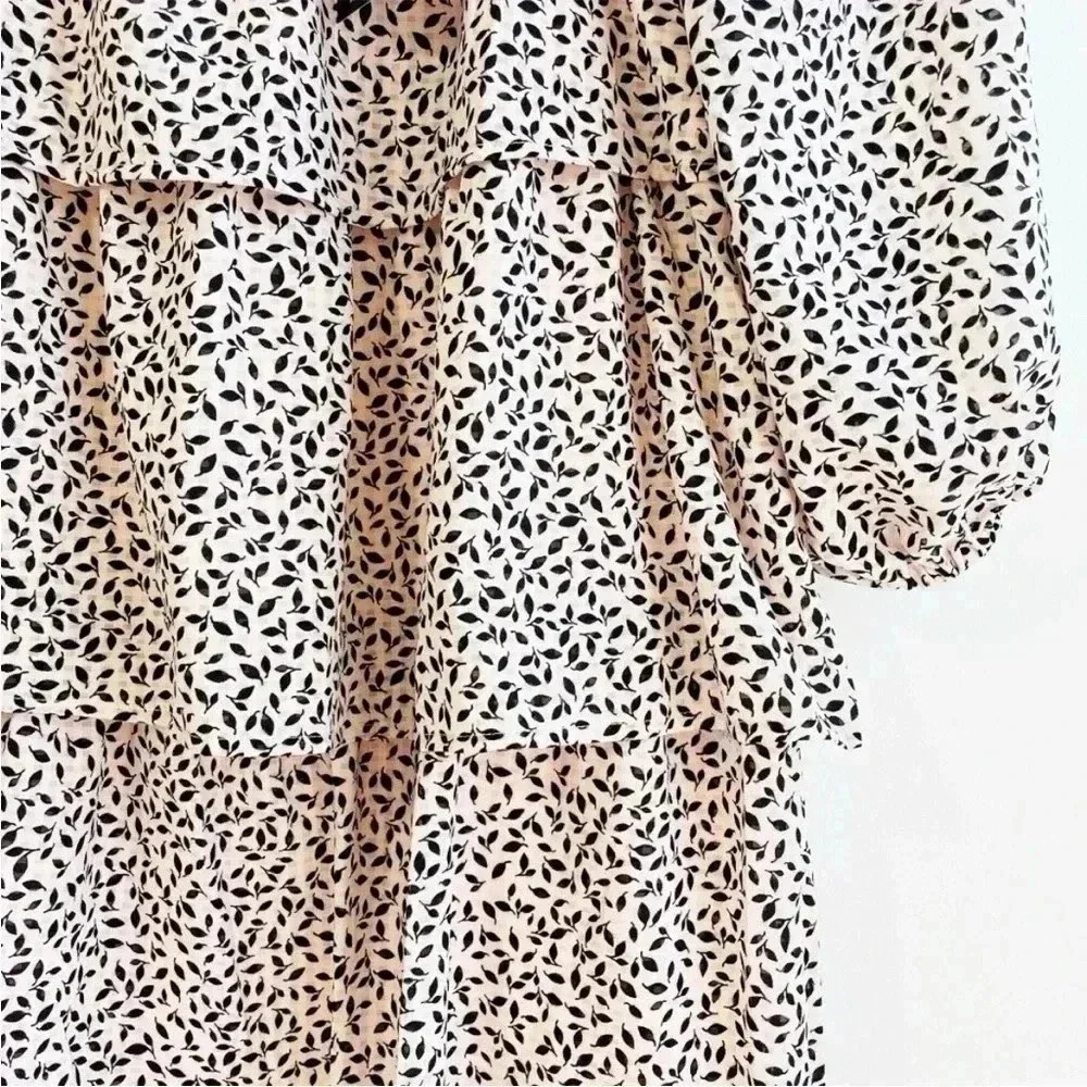 Who What Wear Mini Bishop Dress NWT Size Small Light Baby Pink Black Leaf Print - Picture 5 of 10